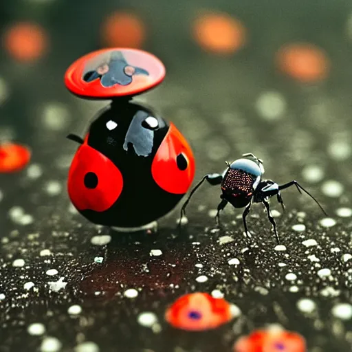 Image similar to a cute tiny robot holds a big flower up in the rain, a ladybug is beside the robot, award winning macro photography, kodachrome, dramatic lighting