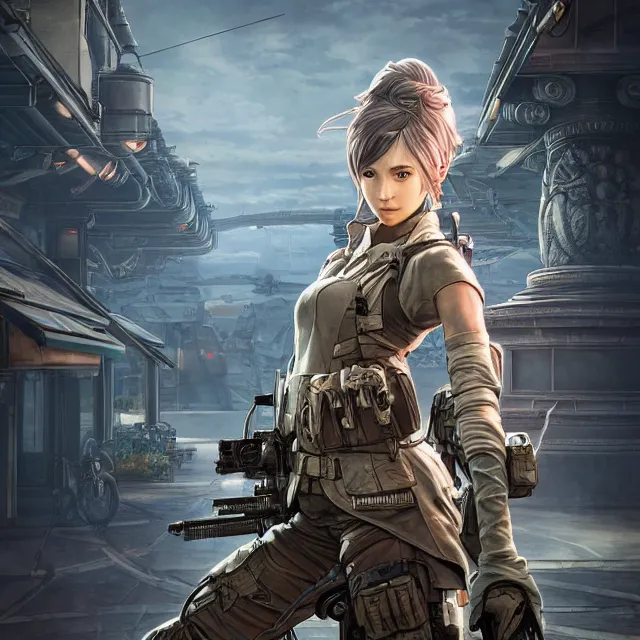 Image similar to the portrait of lawful neutral female futuristic infantry sniper as absurdly beautiful, gorgeous, elegant, young gravure idol, an ultrafine hyperdetailed illustration by kim jung gi, irakli nadar, intricate linework, bright colors, octopath traveler, final fantasy, unreal engine 5 highly rendered, global illumination, radiant light, detailed and intricate environment