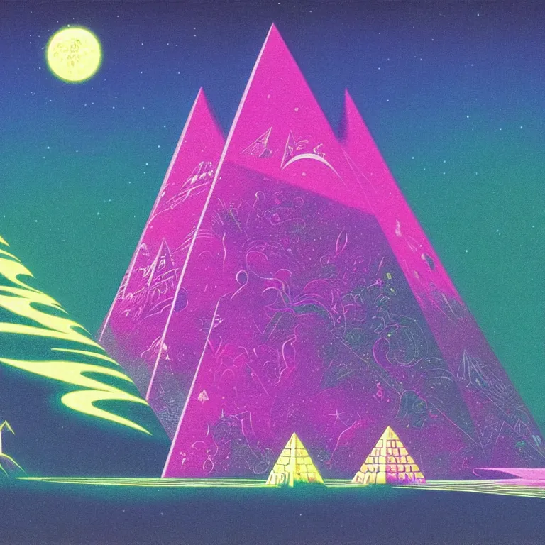 Image similar to mysterious ufo hovers over magical crystal pyramid, pink crescent moon, bright neon colors, highly detailed, cinematic, eyvind earle, tim white, philippe druillet, roger dean, ernst haeckel, lisa frank, aubrey beardsley