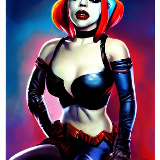 Prompt: Emilia Clark as Harley Quinn fantasy arty by boris vallejo