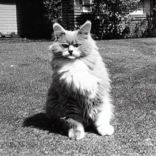 Image similar to a fluffy cat sitting on the corner of a front yard on a residential street in the 1930s