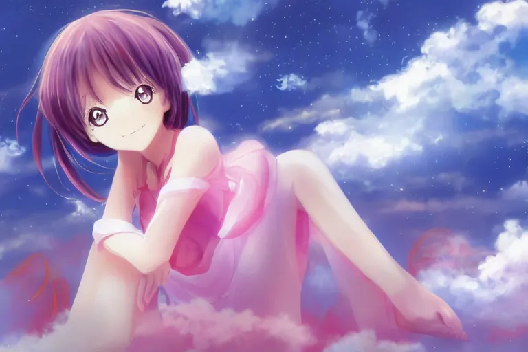 Image similar to a cute anime girl sitting on a cloud, digital art, anime,