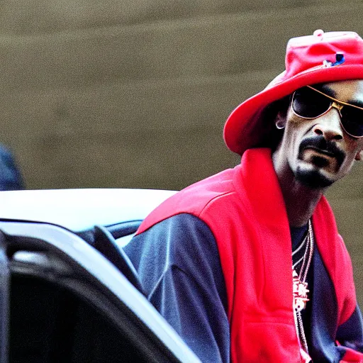 Image similar to Snoop Dogg is sitting in a police car wearing a cap C-13