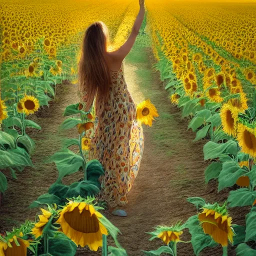 Prompt: a girl in really long dress slowly walking through amazing tall sunflower field, hair flowing, early morning lighting, elegant, subtle, intricate details, real masterpiece, oil on canvas, by somsak anong