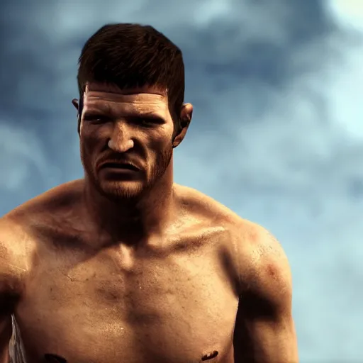 Image similar to character screenshot of michael bisping, npc talking, skyrim, wilderness, 1 0 8 0 p, bokeh, elder scrolls v, detailed, dialog text, eyepatch