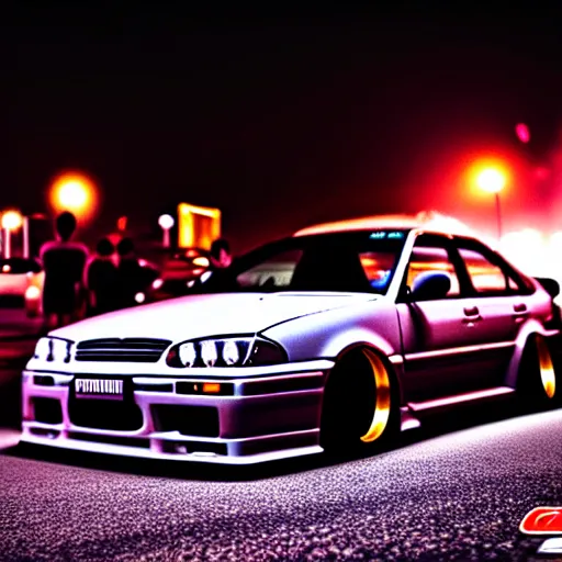 Prompt: a car JZX90 turbo drift at illegal car meet, Chiba prefecture, city midnight mist lights, cinematic color, photorealistic, highly detailed, work wheels, 50MM