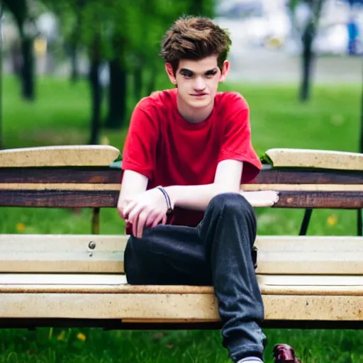 Image similar to photo of sad teenage andrew garfield sitting on a bench in a park, two crutches near bench, wearing shirt and trousers, street of moscow, shallow depth of field, cinematic, 8 0 mm, f 1. 8