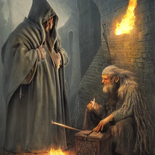 Image similar to gediminas pranckevicius the evil ian mckellen smithing on an anvil as gandalf in a dark viking hood playing odin all father crafting a neural network with golden synapses on an anvil with fire, highly detailed, cinematic shot, cinematic lighting, 8 k, exquisit facial detail, colored painting by gustave dore.