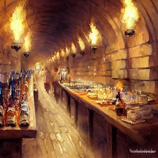 Image similar to hot blonde in a wine cellar, food, pork, beer, schnapps, rustic, traditional, torches on the wall, watercolor by vladimir volegov, highly detailed, masterpiece