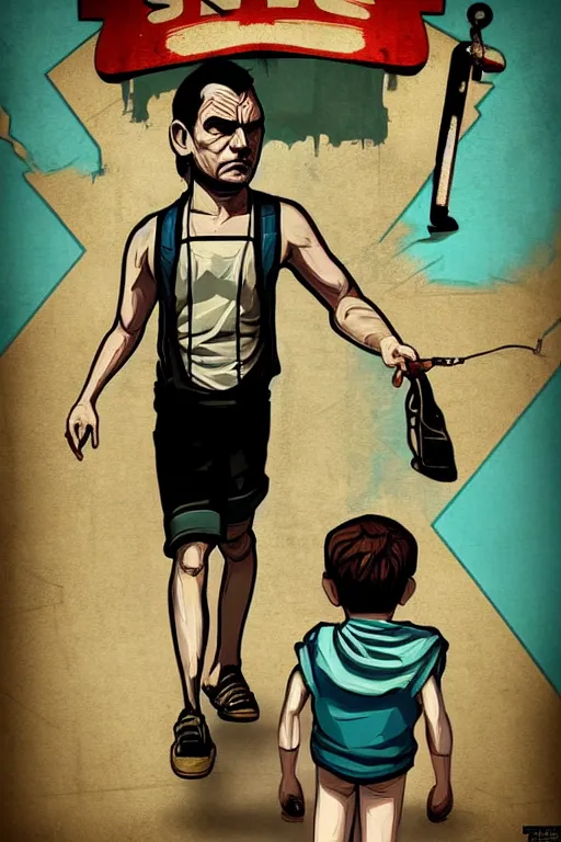 Image similar to boy with singlet tshirt and towel on shoulder. bioshock art style, grand theft auto chinatown art style, pop art, proportional, digital arts, artstation, concept arts, smooth, sharp focus, illustration, intricate, hyperdetails, art by banksy and mimmo rottela, pixels art by paul robertson