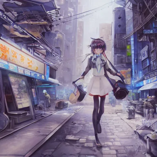 Image similar to dynamic composition, motion, ultra-detailed, incredibly detailed, a lot of details, amazing fine details and brush strokes, colorful and grayish palette, smooth, HD semirealistic anime CG concept art digital painting, watercolor oil painting of Clean and detailed post-cyberpunk sci-fi close-up schoolgirl in asian city in style of cytus and deemo, blue flame, relaxing, calm and mysterious vibes,, by a Chinese artist at ArtStation, by Huang Guangjian, Fenghua Zhong, Ruan Jia, Xin Jin and Wei Chang. Realistic artwork of a Chinese videogame, gradients, gentle an harmonic grayish colors. set in half-life 2, Matrix, GITS, Blade Runner, Neotokyo Source, Syndicate(2012), dynamic composition, beautiful with eerie vibes, very inspirational, very stylish, with gradients, surrealistic, dystopia, postapocalyptic vibes, depth of field, mist, rich cinematic atmosphere, perfect digital art, mystical journey in strange world