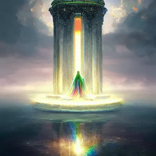 Image similar to a throne in heaven. On the throne sat someone who shone like a diamond or a ruby. Around the throne, a rainbow shone like an emerald. ,digital Art, hiperrealist Detailed, cinematographic, artstation Greg rutkowski