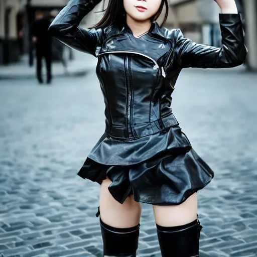 Image similar to a dynamic, epic cinematic 8K HD movie shot of a japanese young J-Pop idol girl wearing leather jacket, miniskirt, nylon tights and high heels boots. Motion, VFX, Inspirational arthouse