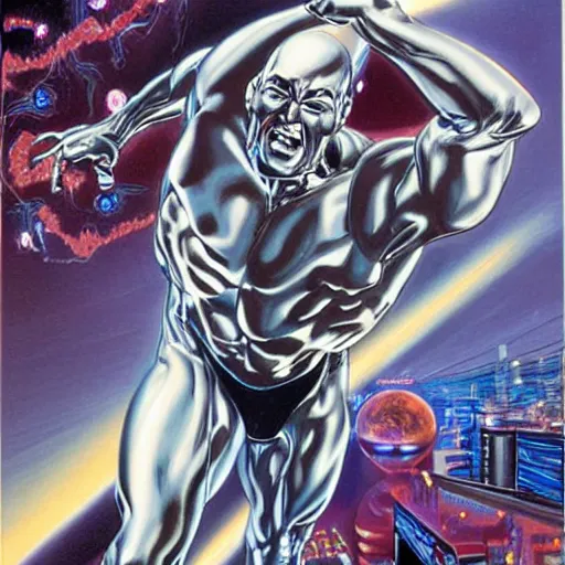 Prompt: movie poster, comic book page, oil painting, of a silver, silver surfer, album cover, by hajime sorayama