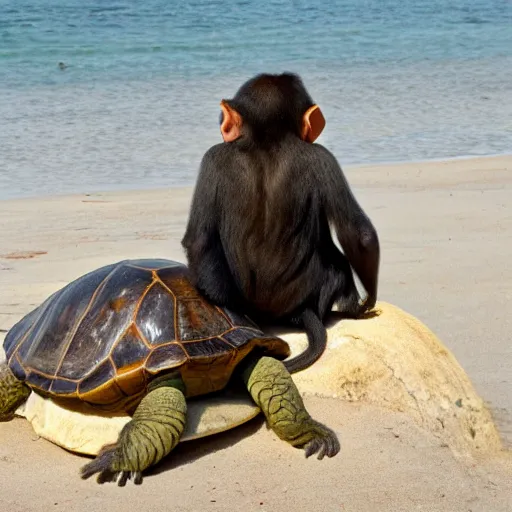 Image similar to a monkey sitting on the back of a turtle