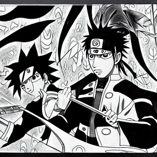 Prompt: Sasuke and Frank Zappa vs Naruto manga panel award winning black and white art by Frank Zappa and Kishimoto highly detailed pen and ink matte painting