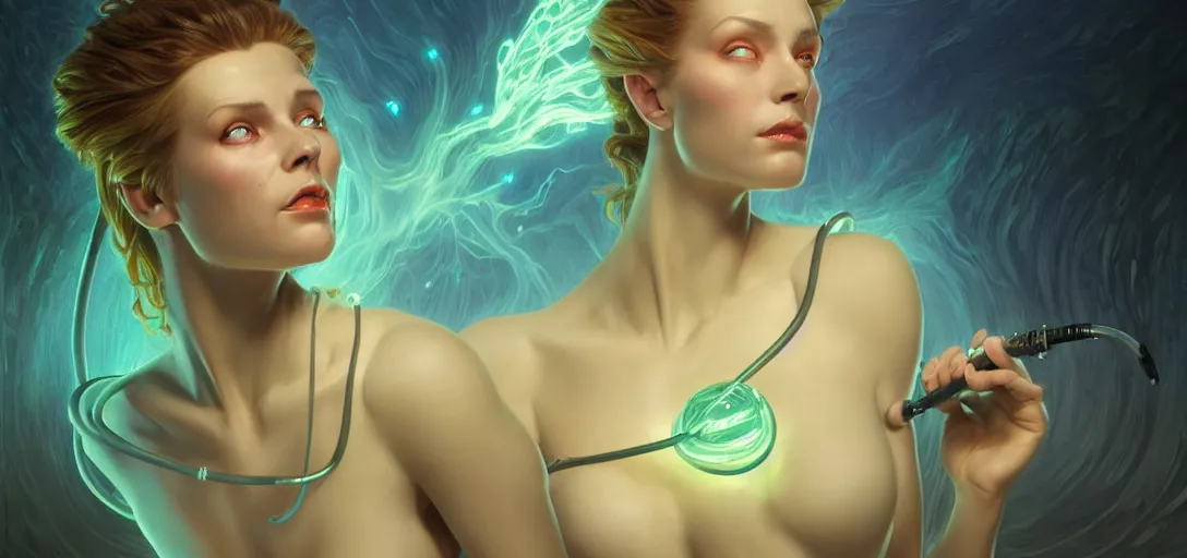 Image similar to epic fantasy render portrait of a beautiful bioluminescent woman scientist wearing a labcoat swimming in a lake, dark retrowave, highly detailed, digital painting, cinematic, hyperrealism, rpg portrait, dynamic lighting, art by boris vallejo and stefan kostic and magali villeneuve and alphonse mucha, artstation, octane render, cgsociety