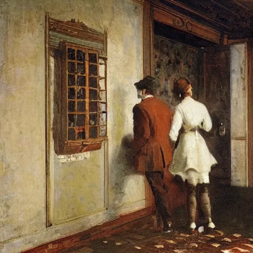 Image similar to a young man and a young woman solving an escape room puzzle, mysterious markings on the wall, by alfred stevens