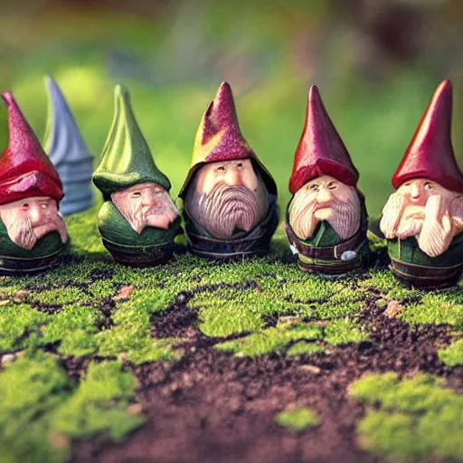 Image similar to garden gnome set of the fellowship of the ring, tilt shift, award winning, highly textured