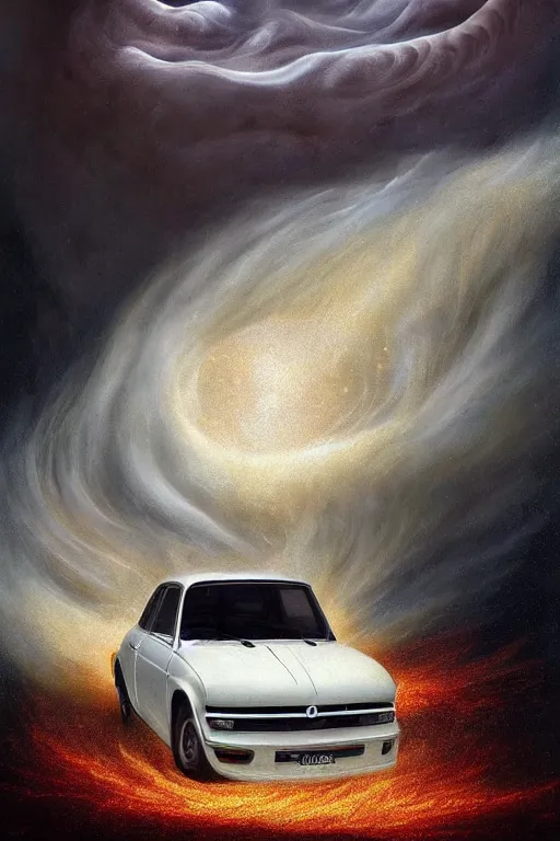 Prompt: Intricate stunning highly detailed white Fiat 600 from the 70s built in Spain, digital painting by agostino arrivabene and Vladimir Kush, surreal, ultra realistic, Horror vacui, dramatic lighting, full moon, thick black swirling smoke tornado, burning fire embers, artstation