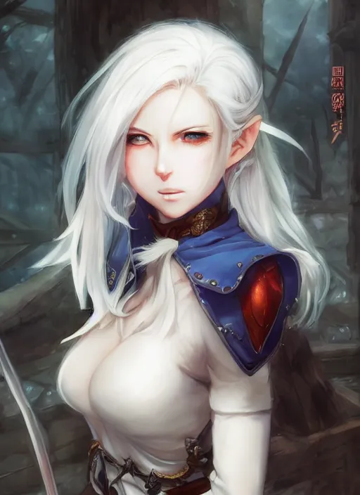 Prompt: An anime portrait of a white-haired ((short-haired)) ((big-eyed)) blue-eyed round-faced elf assassin, by Stanley Artgerm Lau, WLOP, Rossdraws, James Jean, Andrei Riabovitchev, Marc Simonetti, and Sakimichan, tranding on artstation