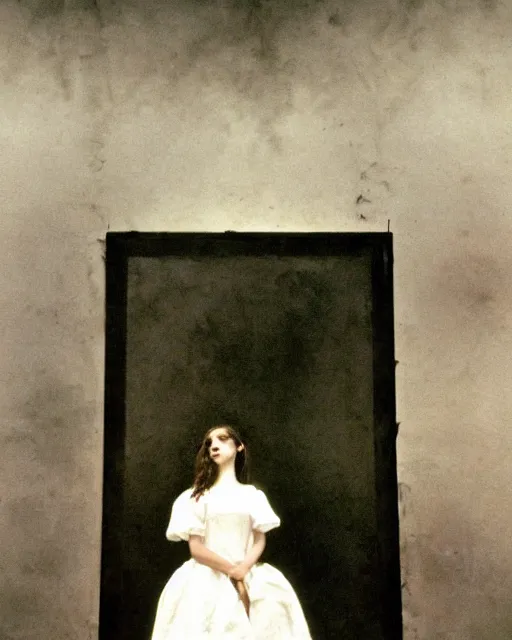 Image similar to a beautiful and eerie illustration of a pretty but horrifying young woman wearing a white dress standing in a vast and empty gallery with blood on the walls, and moonlight shining through the windows, vintage color photograph