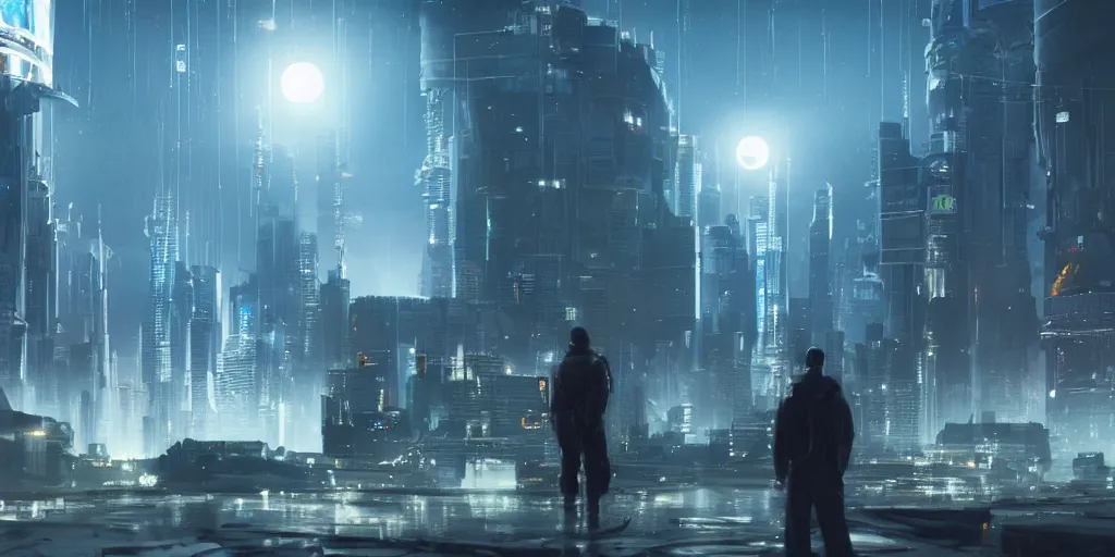 Prompt: a cinematic composition depicting : a translucid crystal - being viewing how a high tech solarpunk tribe with their technology is encroaching on a distant cyberpunk world with white clad buildings at full moon light