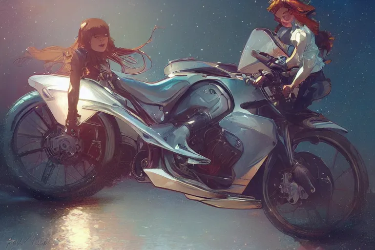 Image similar to a girl is riding a motorbike, digital painting, artstation, the space background,concept art, sharp focus, illustration, art by Krenz Cushart and Artem Demura and alphonse mucha