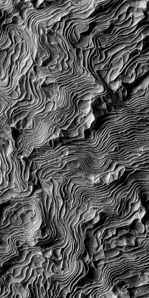 Prompt: a photorealistic render of a topographic map, on a black background, greyscale, made of melted plastic and marble, c 4 d, by zhelong xu ouchh studio and ernst haeckel, wide angle, hyper realistic, plain black background, 8 k, volumetric lightning, octane render