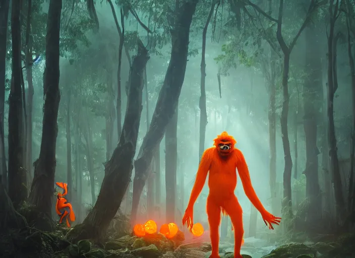 Prompt: dozens of orange safety cones are spread around a beautiful strange forest, a man in a hairy gorrilla costume sri lankan mahasona yaka devil beast in a mask dances in ritual in the center distance, cinematic painting by james jean, atomspheric lighting, moody lighting, dappled light, detailed, digital art, limited color palette, wes anderson, artstation