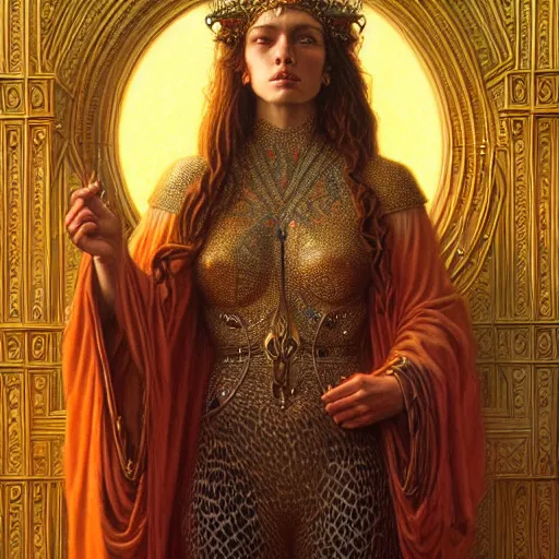 Prompt: highly detailed portrait of a majestic lioness queen in the form of a beautiful woman. d & d, art by donato giancola and edmund leighton. trending on artstation, intricate details, energetic composition, golden ratio, concept art, illustration, elegant art, global illuminaition