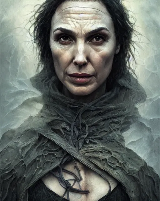 Image similar to Portrait of gal gadot as a wicked 100 year old witch, old wrinkled gal gadot by Tomasz Alen Kopera and greg rutkowski and enki bilal, glowing eyes, sad, masterpiece