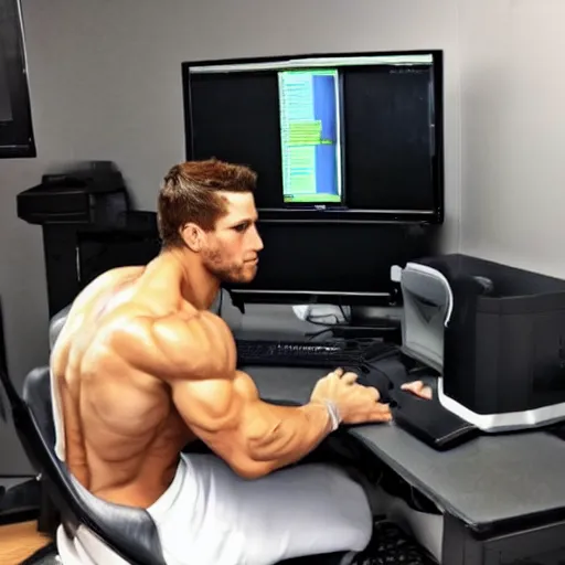 Image similar to a chad. muscular. godlike. using a computer.