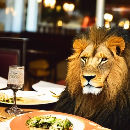 Image similar to a lion sitting at a restaurant eating dinner