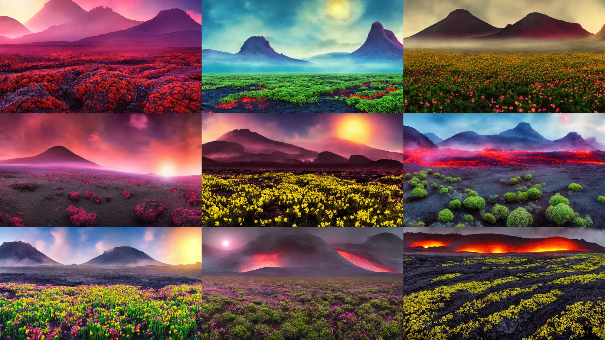 Prompt: spring mountain landscape of an alien planet, misty, environment, cinematic composition, cinematic lighting, photo realistic, ultra detailed, magnificent, 4 k, 8 k, flower fields, grasslands, lava river, magma pool