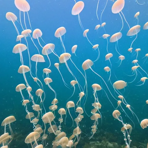 Prompt: there are countless jellyfish swimming in the blue sky
