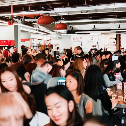 Prompt: photo of a crowd of people drinking boba milk tea while staring at the camera with soulless eyes and drool coming out of their mouths