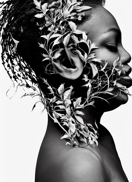 Prompt: a beautiful black woman's face in profile made of leaf and floral skeleton, in the style of the dutch masters and gregory crewdson, white hair, dark and moody aesthetic, 8 k, matte, intricate detail, hyper detailed, surrealism, fantasy, elegant, symmetrical