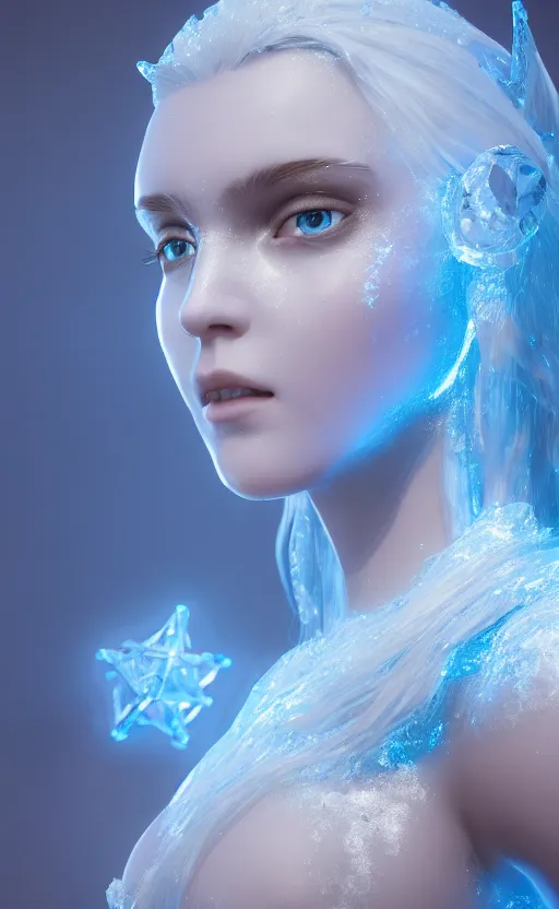 Image similar to ice goddess with beautiful face with a glowing blue crystal on her forehead, frosty white eyes, winter mist around her, white plated armor, pale skin, white smoke, photorealism, octane render, frostbite, 8 k, cinematic, 3 5 mm