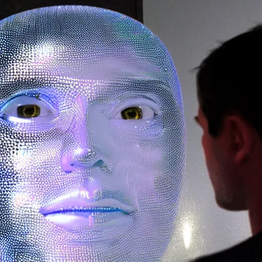 Image similar to a 3d human head made up of shiny holograms