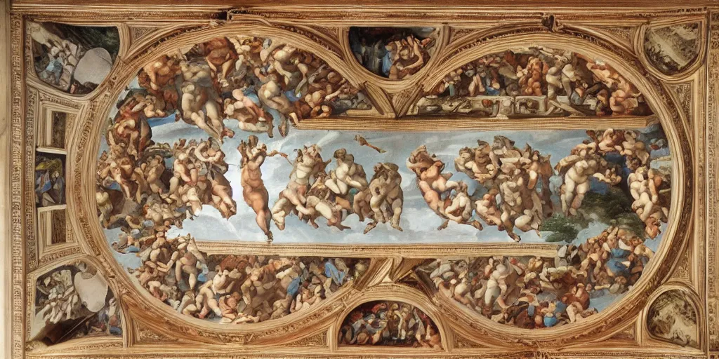 Image similar to intricate 2 1 savage sistine ceiling 1 5 0 8 chapel hand painting michelangelo renaissance