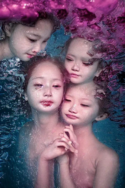 Image similar to 3d realistic dramatic infrared photo of two schoolgirls sisters with a realistic cute face fighting in a dark subway station under water in Japan. Close-up portrait. There are pink palm trees and translucent glow jellyfish flying around. Volumetric composition. Pastel colors in the style of Hiro Kiyohara, redshift, octane, trend artstation, cinematic, hyper realism, high detail, 8k