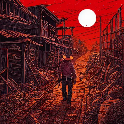 Image similar to cowboy walking into ruined town, nightime, highly detailed, artwork by dan mumford, blood red moon