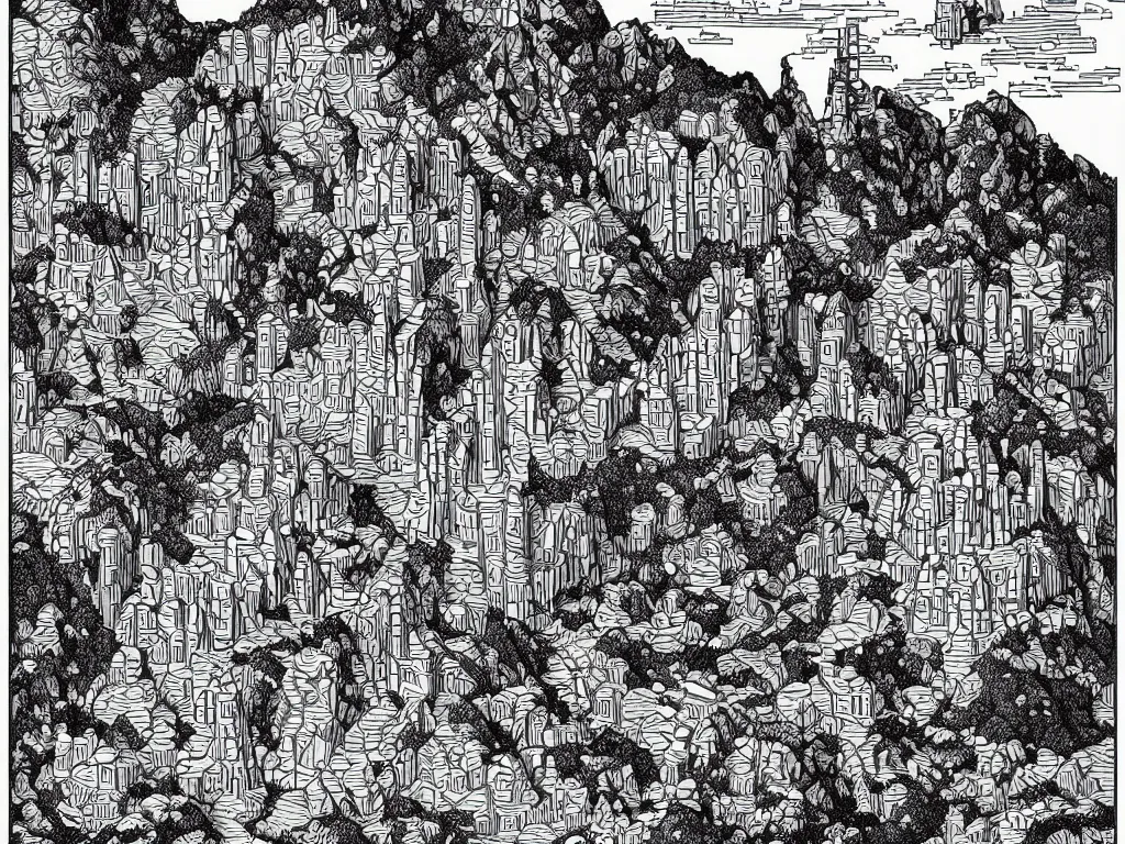 Prompt: Beautiful isometric print of a few Enormous Lego Blocks In a Lego Block Mountain landscape in the style of Albrecht Durer and Martin Schongauer and Alphonse Mucha, high contrast!! finely carved woodcut engraving black and white crisp edges