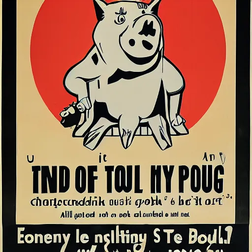Image similar to propaganda poster with a cartoon pig as the centerpiece