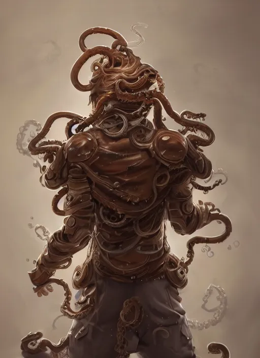 Image similar to a highly detailed illustration of wavy brown haired young white guy wearing brown coat and face mask with many mechanical tentacle arms on his back, dramatic hands in pocket standing pose, intricate, elegant, highly detailed, centered, digital painting, artstation, concept art, smooth, sharp focus, league of legends concept art, WLOP