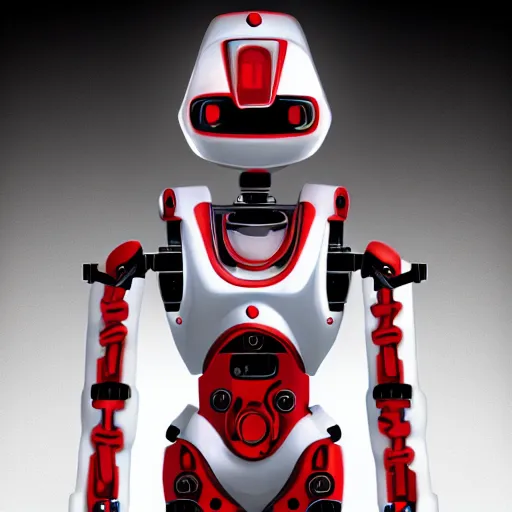 Image similar to a small human-like robot, white and red colours, futuristic, sci-fi, digital art, detailed