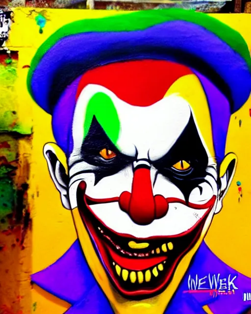 Image similar to joker paint face, clown, turban, barong family, wiwek, mara demon, rich deep vivid colors paint, paint by barong family and wiwek. masterpiece