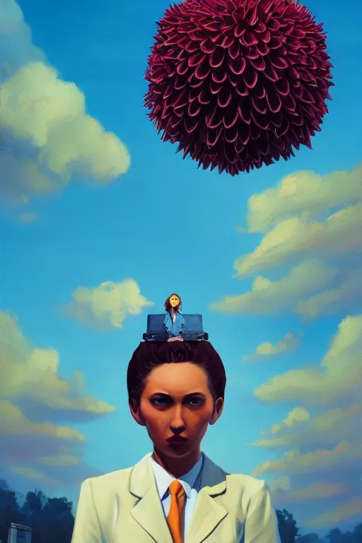 Image similar to closeup giant dahlia flower head, girl in a suit, street, surreal photography, blue sky, sunrise, dramatic light, impressionist painting, digital painting, artstation, simon stalenhag