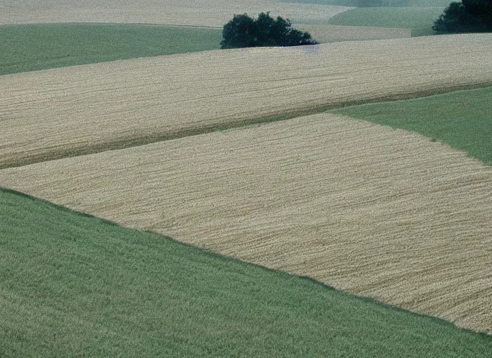 Prompt: minimal endless bland pale bleached sloping wheat farmland by bill watterson from mulan ( 1 9 9 7 )